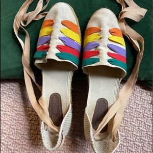 Sz 8.5 Beige Canvas, Rainbow,  Straw Wedge Sandals